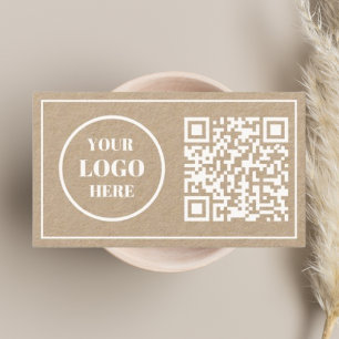 White Border QR Code & Company Logo Rustic kraft Business Card