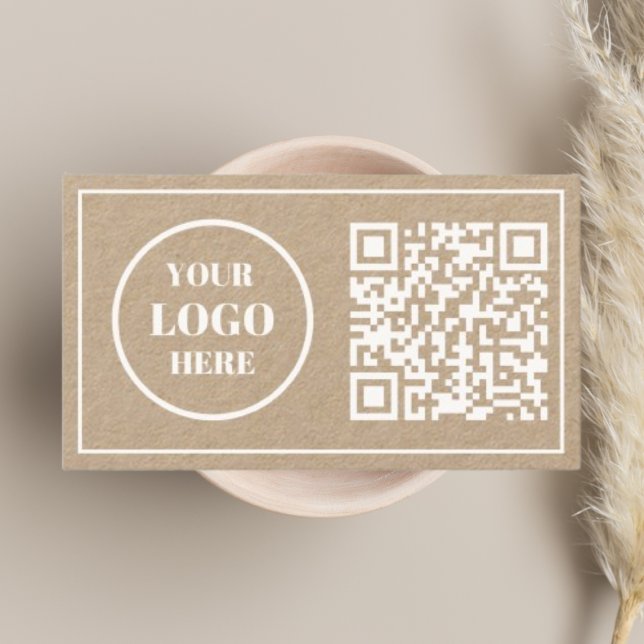 White Border QR Code & Company Logo Rustic kraft Business Card (Creator Uploaded)