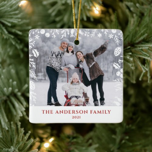 White Botanical Christmas Family Photo Overlay Ceramic Ornament