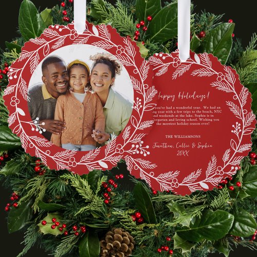 White Botanical Christmas Wreath Custom Photo Ornament Card