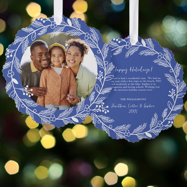 White Botanical Christmas Wreath Custom Photo Ornament Card (Creator Uploaded)