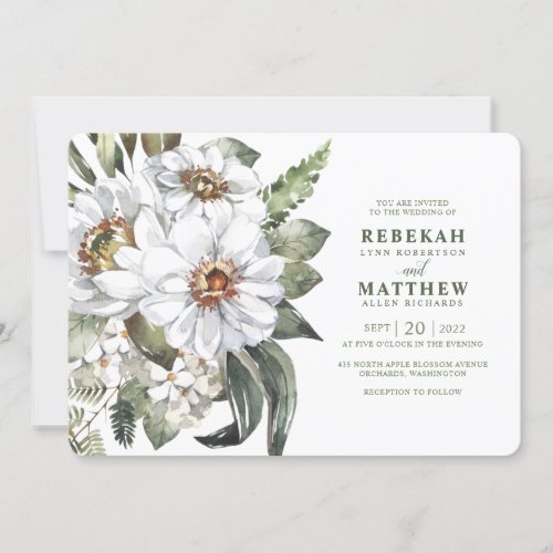 White Botanical  Dahlia Wedding  Invitation