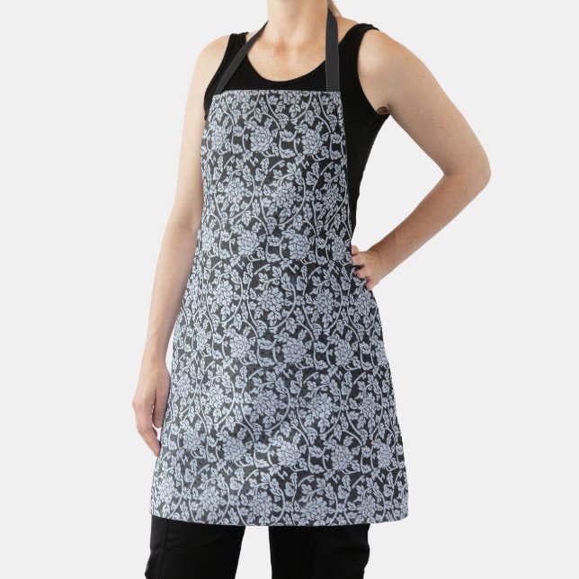 White botanical design on gray apron (Insitu)