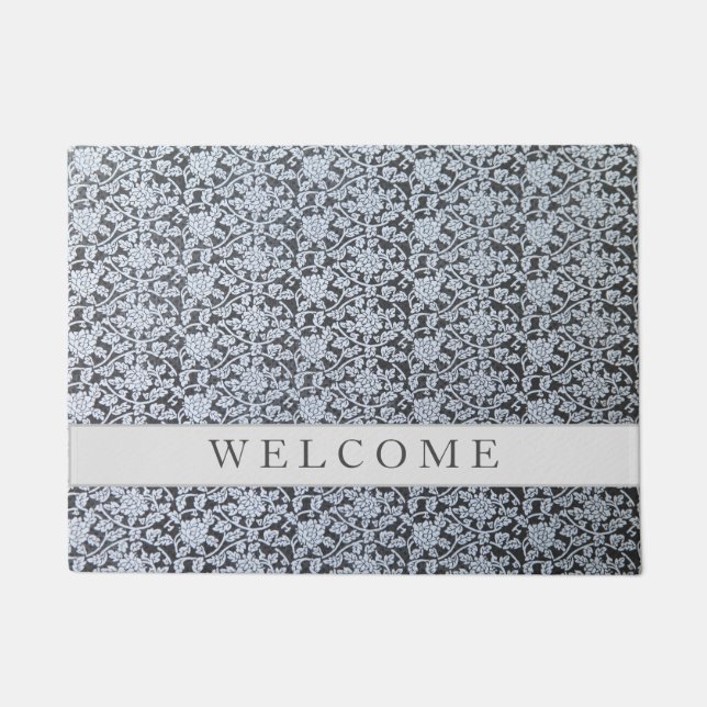 White botanical design on gray Door Mat (Front)