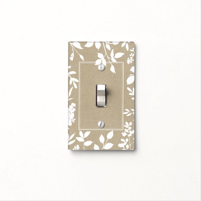 White Botanical Leaves Simple Natural Rustic Light Switch Cover (In Situ)