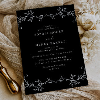 White Botanical Line Art Elegant Black Wedding Invitation