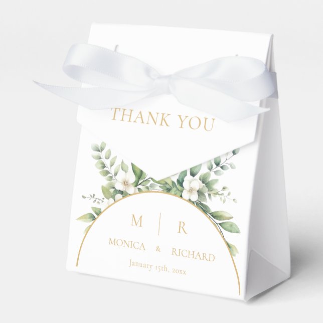 White Botanical Monogram Wedding Favor Boxes (Front Side)