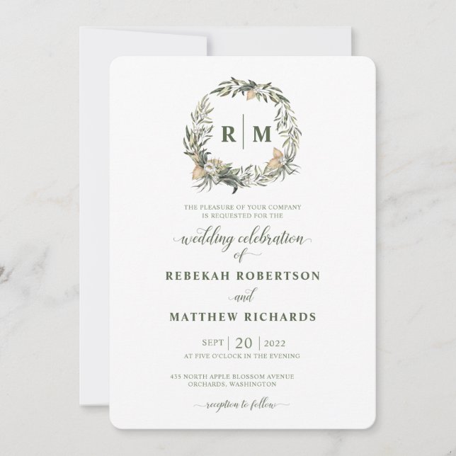 White Botanical Monogram Wedding Invitation (Front)