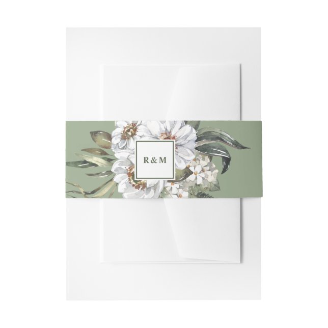 White Botanical Monogram Wedding Invitation Belly Band (Front Example)