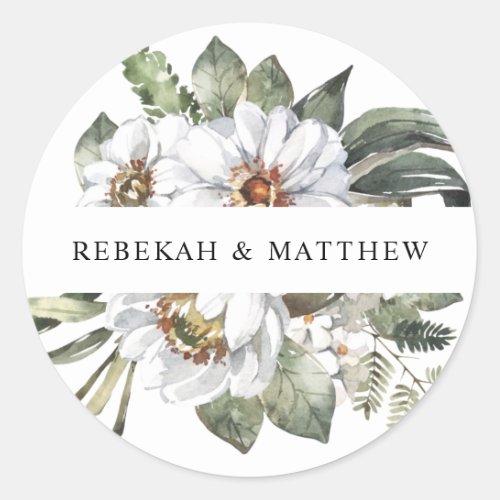White Botanical Personalized Wedding Classic Round Sticker