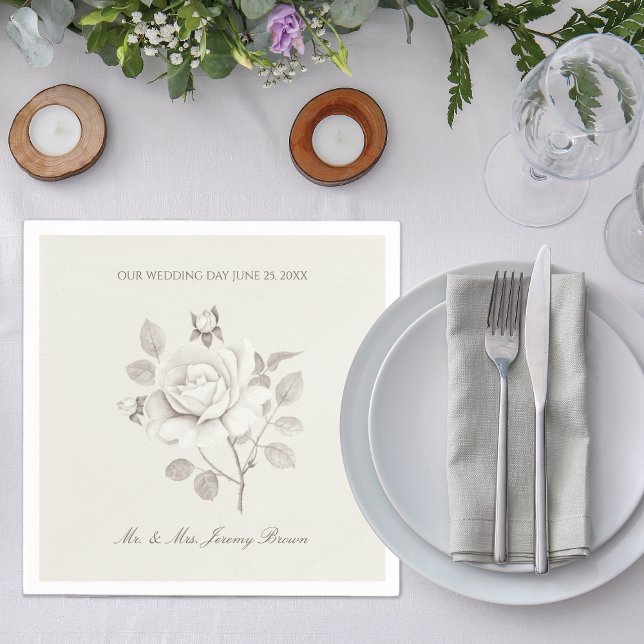 White Botanical Rose Wedding Day Napkins (Creator Uploaded)