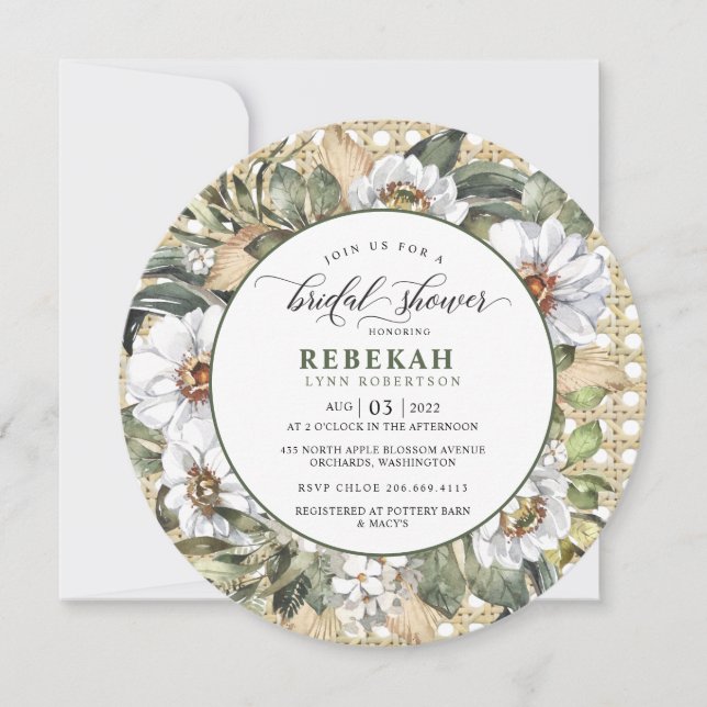 White Botanical  Round Bridal Shower Invitation (Front)