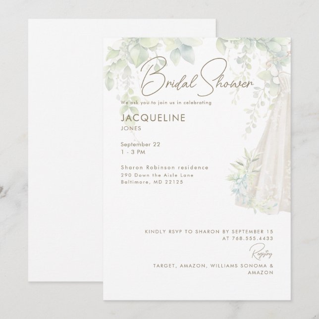 White  Botanical Wedding Dress Bridal Shower  Invitation (Front/Back)