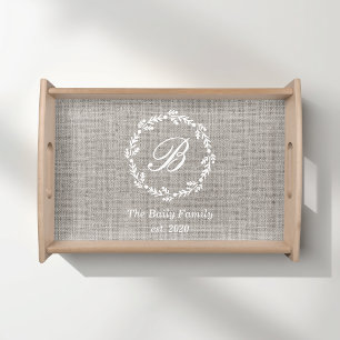 White Botanical Wreath Family Name Monogram Serving Tray