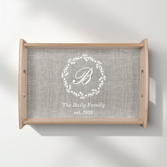 White Botanical Wreath Family Name Monogram Serving Tray (Creator Uploaded)