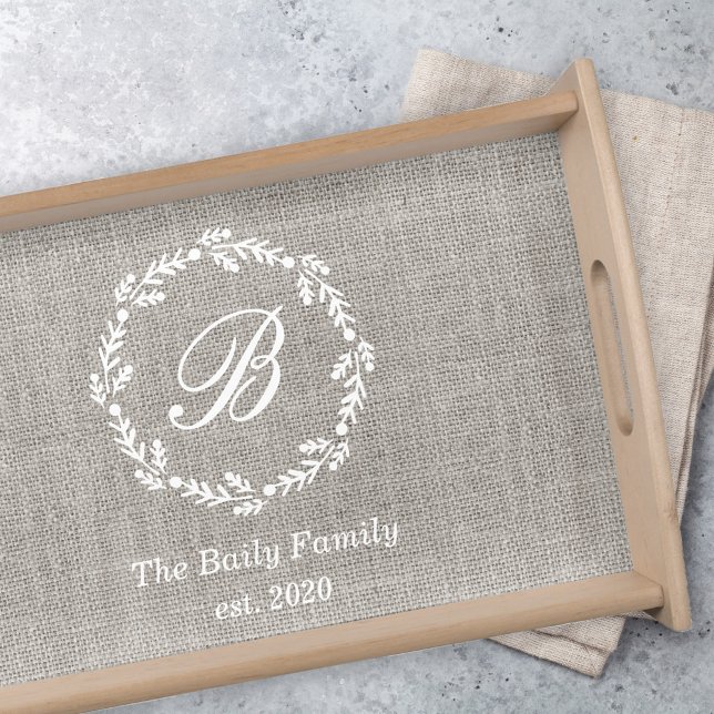 White Botanical Wreath Family Name Monogram Wood Serving Tray (Creator Uploaded)