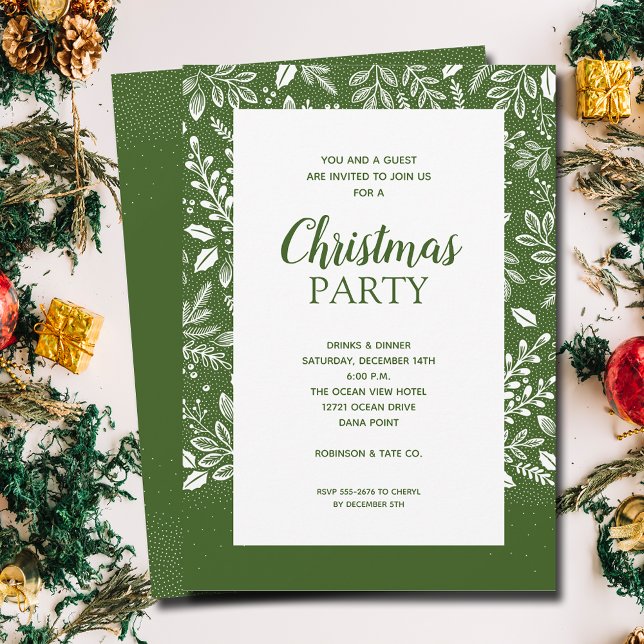 White Botanicals Christmas Holiday Invitations (White botanicals border on green Christmas invitations, PRINTED and/or INSTANT DOWNLOAD)