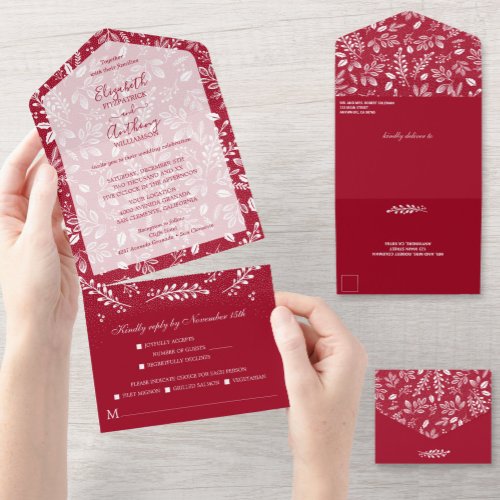 White Botanicals Cranberry No Envelopes Wedding All In One Invitation