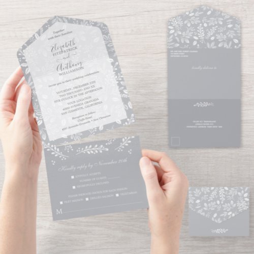 White Botanicals Gray No Envelopes Wedding All In One Invitation