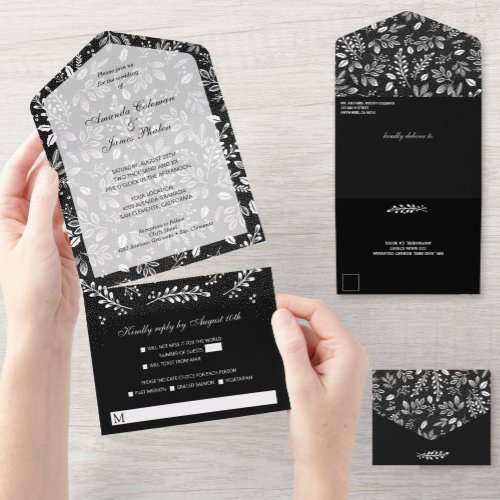 White Botanicals on Black Wedding All In One Invitation