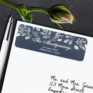 White Botanicals on Blue Return Address Label