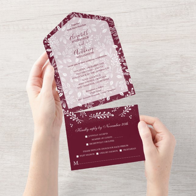 White Botanicals on Burgundy Wedding All In One Invitation (Tearaway)
