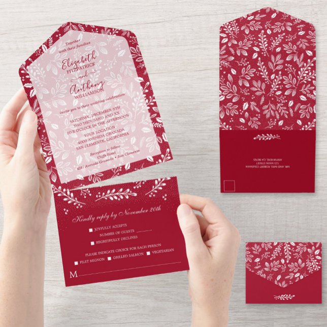 White Botanicals on Cranberry Wedding All In One Invitation (Creator Uploaded)