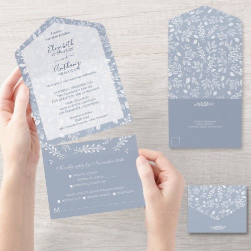 White Botanicals on Dusty Blue Wedding All In One Invitation