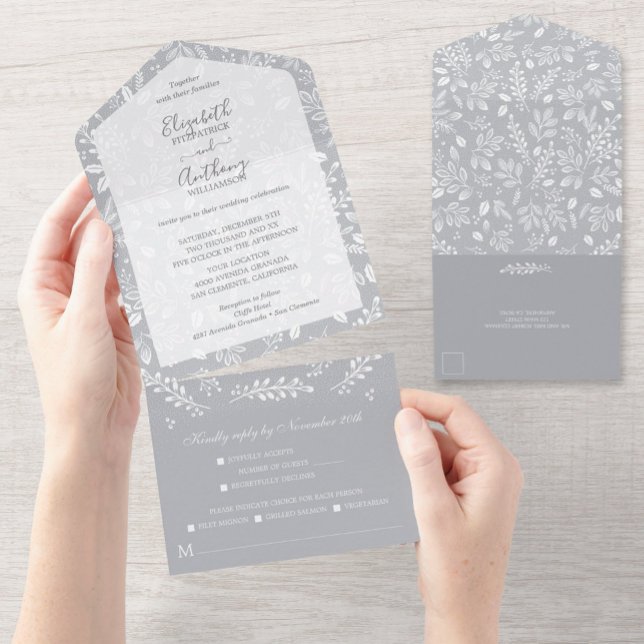 White Botanicals on Gray Wedding All In One Invitation (Creator Uploaded)