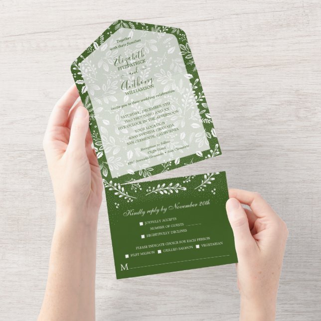 White Botanicals on Green Wedding All In One Invitation (Tearaway)