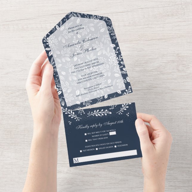 White Botanicals on Navy Blue All In One Invitation (Tearaway)