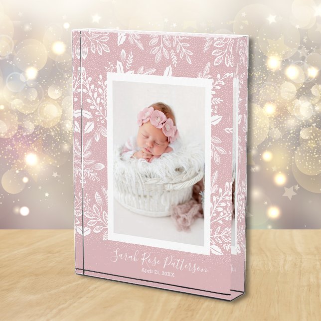 White Botanicals on Pink  Photo Block (White leaves and dots on baby pink personalized acrylic photo block)