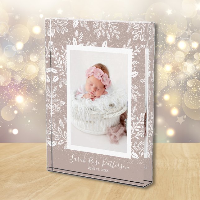 White Botanicals on Taupe Custom Name Photo Block (White leaves and dots on taupe personalized acrylic photo block)