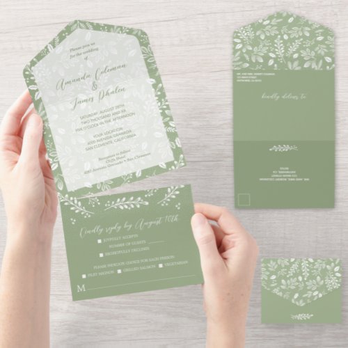 White Botanicals Sage Green No Envelopes Wedding All In One Invitation