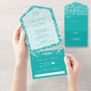White Botanicals Turquoise No Envelopes Wedding All In One Invitation
