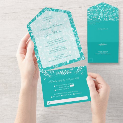 White Botanicals Turquoise No Envelopes Wedding All In One Invitation