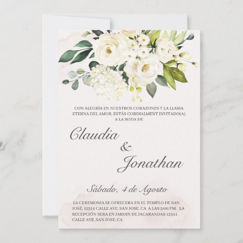 White bouquet spanish wedding invite