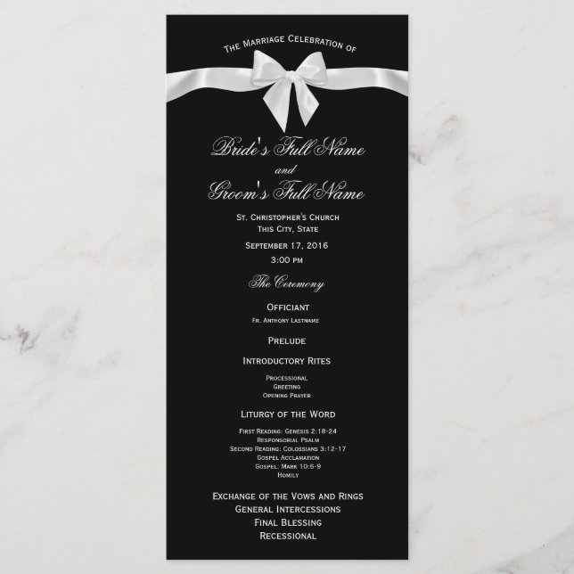 White Bow and Black Wedding Program (Front)