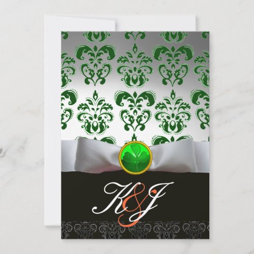 WHITE BOW AND GREEN DAMASK SHAMROCK MONOGRAM INVITATION