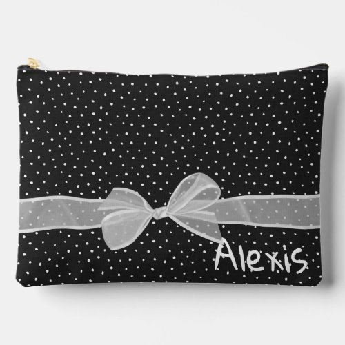 White Bow and Ribbon On Dots with Name Accessory Pouch