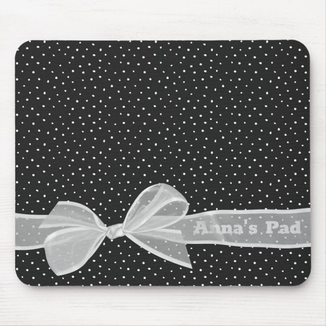White Bow and Ribbon On Dots with Name Mouse Pad (Front)