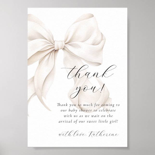 White Bow Baby Shower Thank You Card Poster (Front)