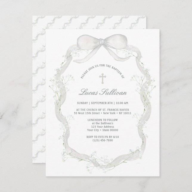 White Bow Baby's Breath Baptism Invitation (Front/Back)