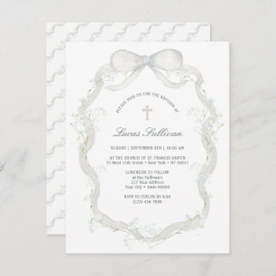 White Bow Baby's Breath Baptism Invitation
