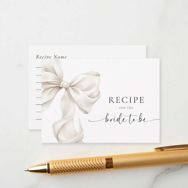 White Bow Bridal Shower Recipe Enclosure Card (Front/Back In Situ)