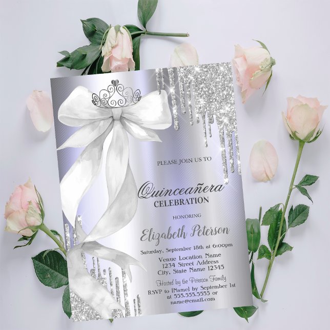 White Bow Crown Glitter Drips Violet Quinceañera Invitation (Creator Uploaded)