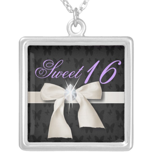 white bow diamond chandelier sweet sixteen silver plated necklace (Front)