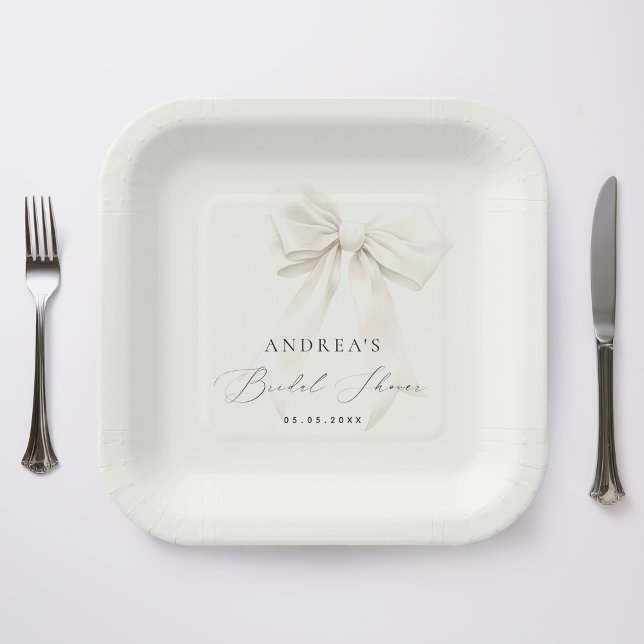 White Bow Elegant Script Classy Chic Bridal Shower Paper Plates (Creator Uploaded)