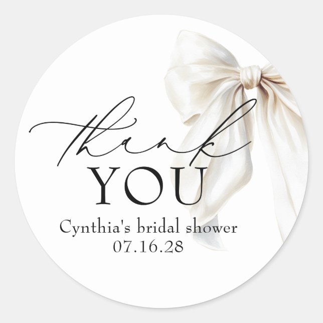 White Bow Favors Bridal Shower Thank You  Classic Round Sticker (Front)