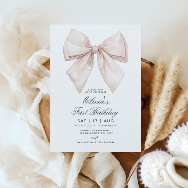 White Bow First Birthday Invitation (Creator Uploaded)